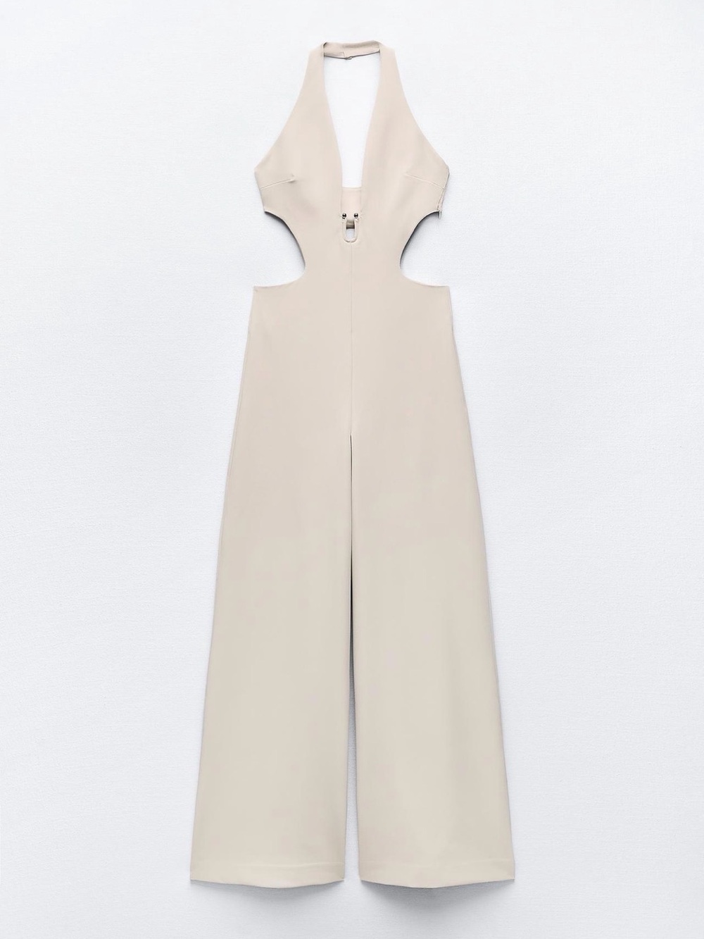 Zara Beige Halter Cutout Wide-Leg Jumpsuit
